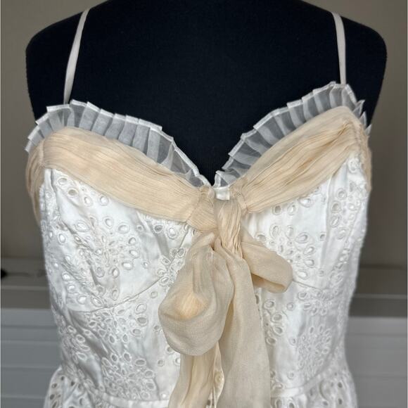 ECI New York 100% Silk Ivory Eyelet Ruffle Mini Spaghetti Strap Dress Size 10 - Picture 2 of 16